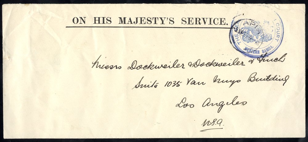 1923 (Sep) stampless New Zealand O.H.M.S envelope to Los Angeles with large part cachet' THE SEAL OF