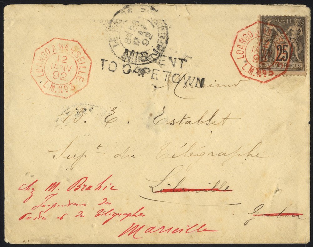 1892 (12 Jan) envelope to Libreville, Gabon, bearing France Peace & Commerce 25c, cancelled with a