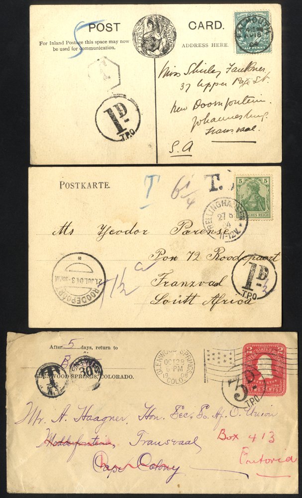 Taxed Mail 1904 PPC's from England & Germany, and US 2c stationery envelope, the first two with '