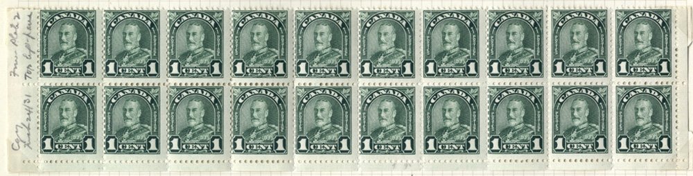 1930-31 1c deep green lower two rows of this sheet with margins (20 stamps) incl. major re-entry (