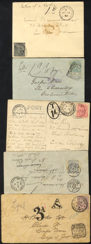 TAX HAND STAMPS 1889-1909 on envelopes (4), 1½d stationery card & PPC's (8), variously addressed & - Image 2 of 2