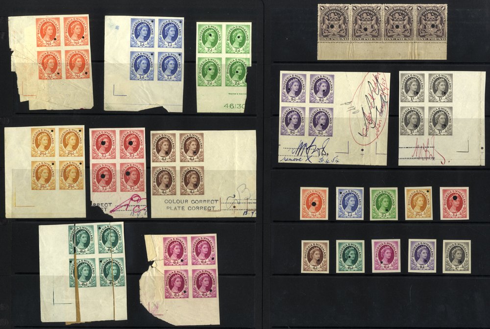 1954-55 ½d to 1s Proof set of blocks of four (10) - mainly marginals in the issued defin colours,