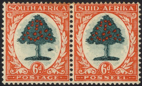 1933-48 6d orange tree pair showing the 'Molehill flaw', M, SG.61b, Cat. £250.