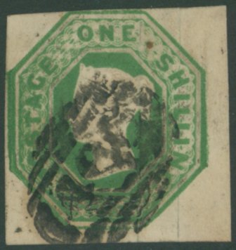 1847 1s green touching to large margins, barred numeral cancel, small brown spot at top right. SG.55