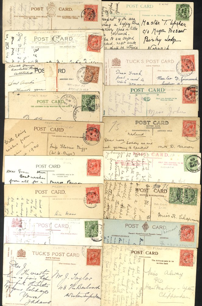 POSTMARKS box of assorted postcards, covers collected for postmarks incl. many small villages,