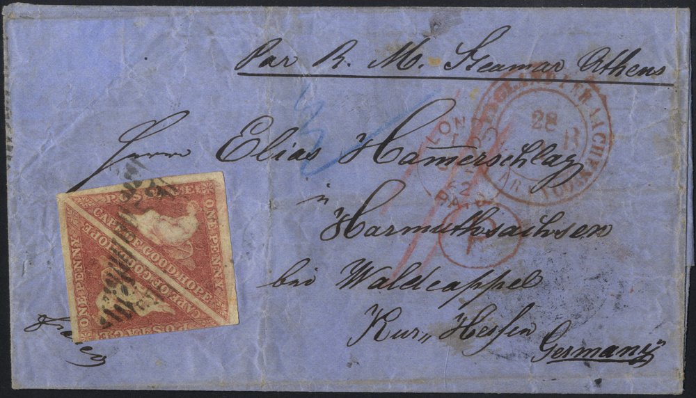 1862 wrapper to Germany from Cape Town franked pair 1d deep rose red, one with large margins,