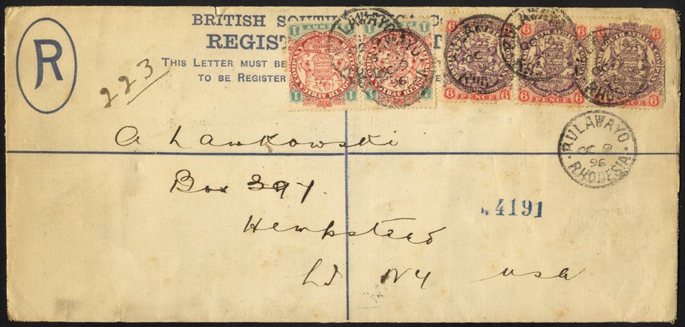 1896 (9 Oct) 4d (size H2) registered envelope to New York, uprated with 1896-97 Large Arms 1d pair