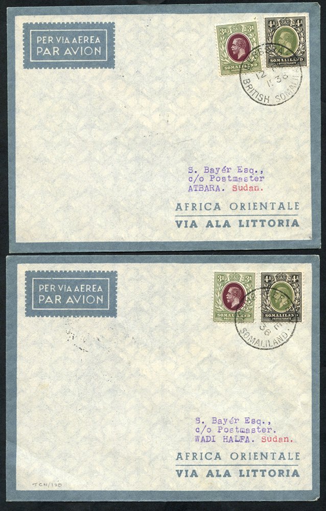 1935 (18 Dec) ALA LITTORIA first flight cover Berbera - Atbara, Sudan, franked 3a & 4a defins