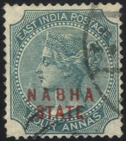 NABHA 1885-1900 Type 2 opt in red on 4a blue green, VFU, SG.12. (1) Cat. £425