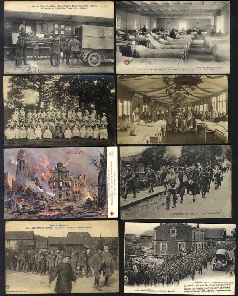 POSTCARDS in a modern album with much interest in War time, noted - hospitals, wards, nurses, Red