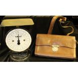 SALTER PARCEL SCALE 20thC, model 25, weights to 22lbs, also a French telegram delivery hide bag