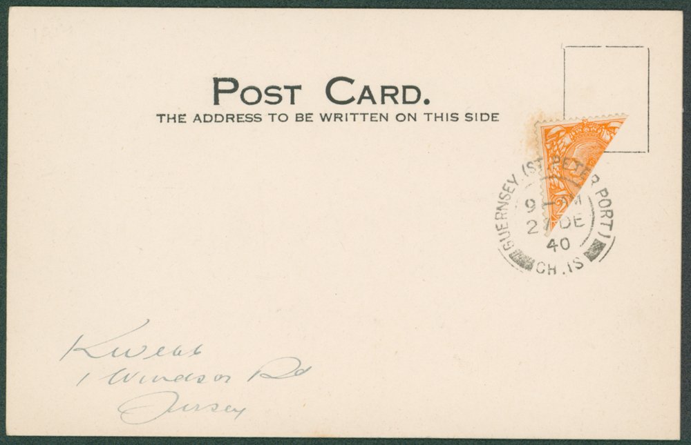 GUERNSEY 1912 2d orange bisect used on a postcard with St. Peter Port double ring c.d.s for 27th Dec