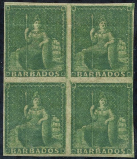 1861-70 ½d grass-green block of four Imperf, close to good margins, unused with large part o.g (a