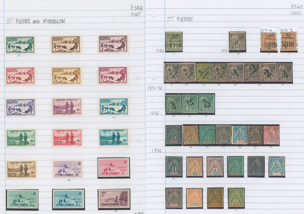 ST. PIERRE MIQUELON 1885-1947 M & U collection incl. 1885 05 on 1fr M, 1885 SPM 10 on 40 & 15 on