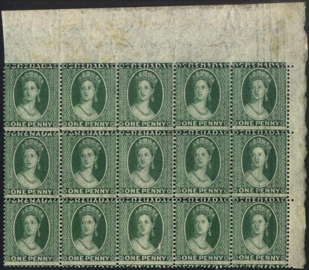1875 Wmk Large Star 1d green upper right corner marginal block of fifteen, M (14x UM), some tones in