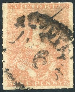 1d 9th printing, dull brown-red [4] showing roulettes, or traces thereof, on all four sides,