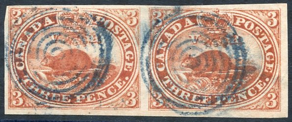 1857 3d red 'Beaver' horizontal pair with small to large margins, both with bluish black target