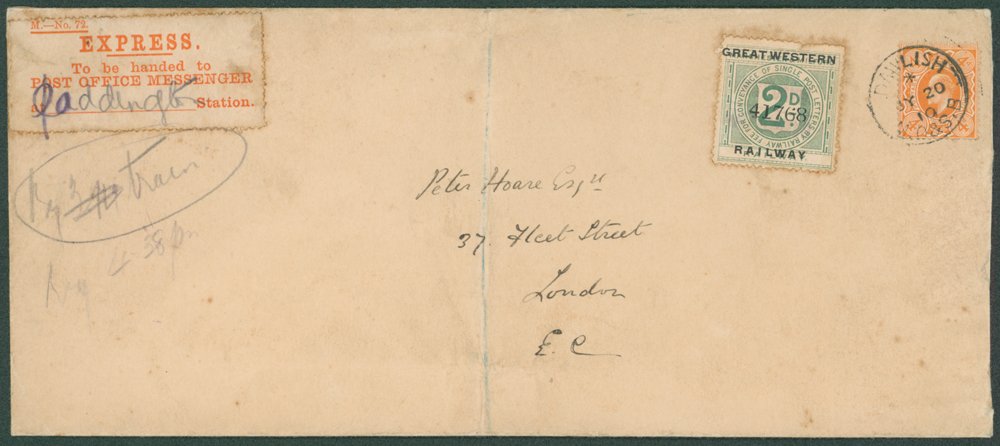 1910 G.W.R envelope from Dawlish to London franked by Manchester & Milford Railway 2d green adhesive