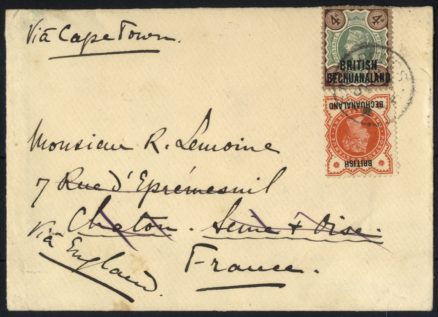 1894 (July) envelope to France, re-addressed internally, bearing 1888 ½d & 1891 4d, both tied by