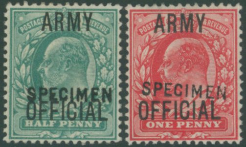 ARMY OFFICIAL 1902-03 ½d blue green & 1d scarlet each optd SPECIMEN Type 15, both UM with gum