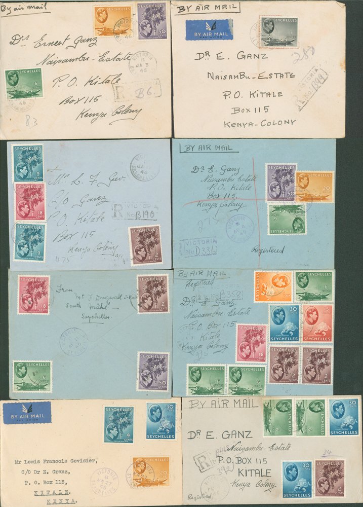1946 group of covers (15) to the same address in Kenya, all sent registered, 14 by airmail with