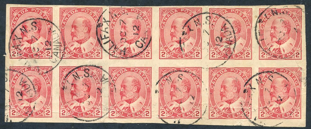 1903 KEVII 2c pale rose carmine, Imperf block of twelve, cancelled Halifax c.d.s's for OCT.7.12,