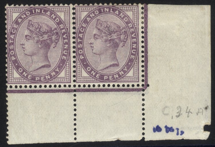 1881 1d lilac Die II (16 dots) corner marginal M pair with no Control, some perf separation ink &