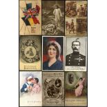 WORLD WAR I period old album of cards incl. Royalty, patriotic, silks, comic, Military Personnel,