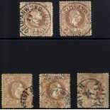 1867 coarse printing 50k brown (SG.AH57a), five FU examples showing minor shade variation, odd tones