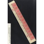 1912 1d rose carmine imprint bottom row marginal strip of twelve showing 'JBC' monograms, fresh UM &