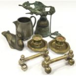 Collection of metal ware items to include vintage bell, pair of brass candle holders and other items