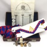 Quantity of Masonic regailia and ephemera to include jewels, apron and sash and a Royal