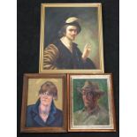 Three framed self portrait paintings.