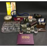 Mixed collectibles to include 1970 UK coin set, barometer, writing ink, spectacles and other items.