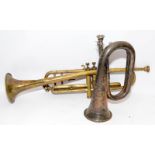 Brass trumpet (a/f) together with a silver plated Premier bugle