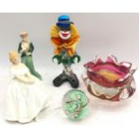 Mixed lot of ceramics and glass to include Murano clown and bowl, Royal Doulton Heather and Royal