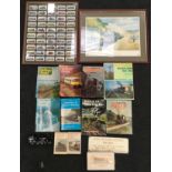 Collection of railway related items including books, cigarette cards and a picture.