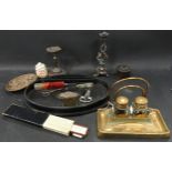 Mixed various curios to include brass inkwell.