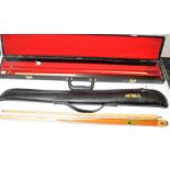 Two vintage hand spliced snooker cues to include a Jimmy White endorsed Riley example and a