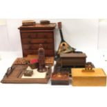 Collection of carved wood/treen items to include book slides and wooden stationery chest.