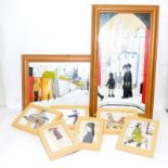 A number of framed paintings after Lowry. Eight in lot, the largest being 58cms x 34cms