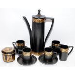 Vintage Portmeirion coffee set in the black/gold Greek Key pattern. Lot also includes a lidded