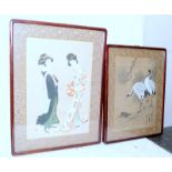 Two vintage framed Oriental watercolours, one featuring Geisha's in traditional garb and the other