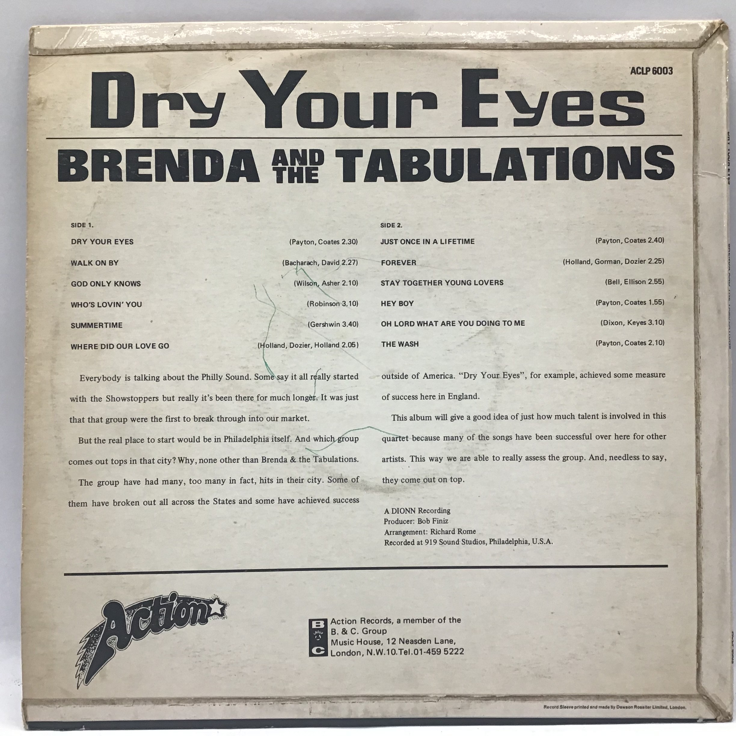 BRENDA AND THE TABULATIONS 'DRY YOUR EYES' VINYL LP. Found here on the Action Label ACLP 6003 from - Image 2 of 4