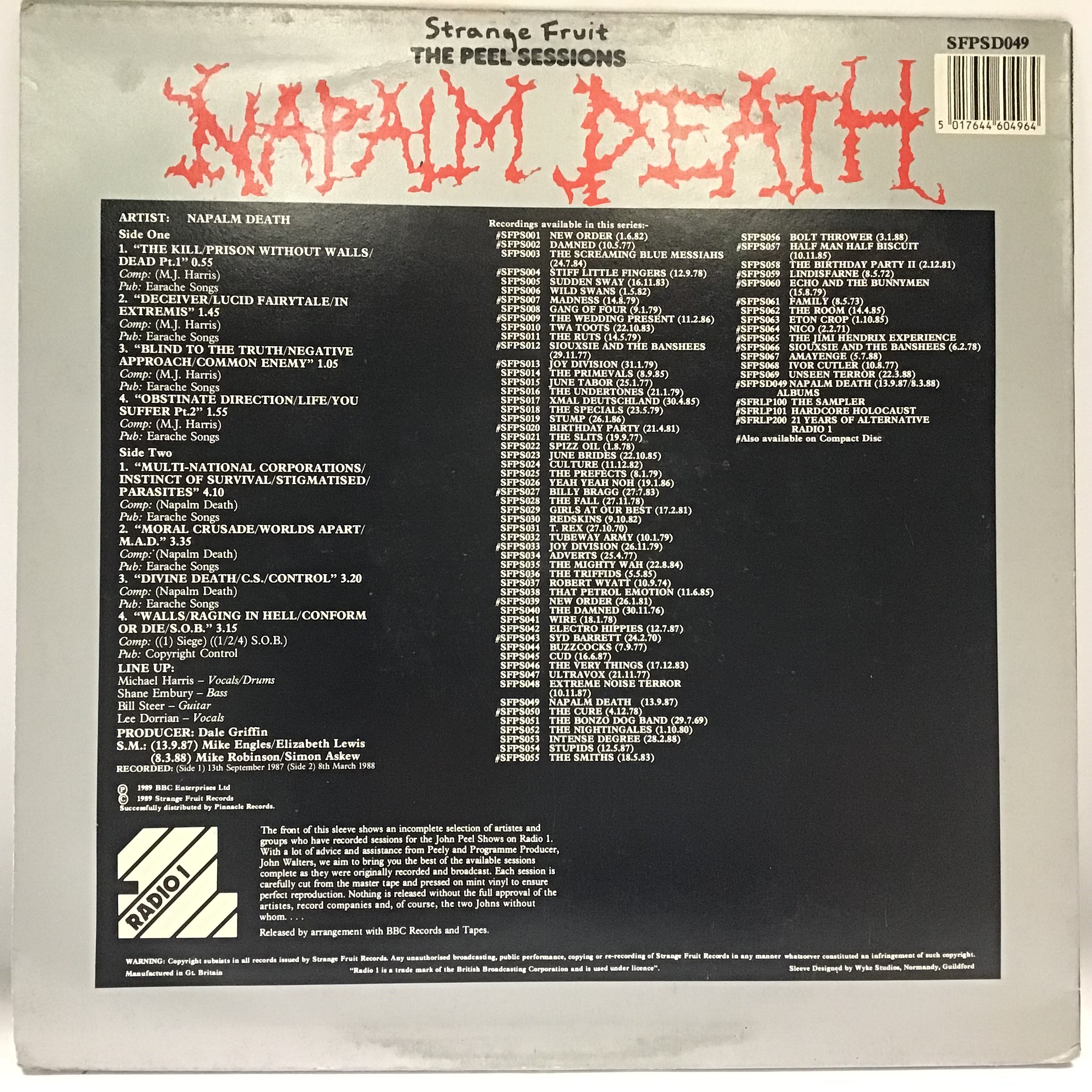 NAPALM DEATH ‘THE PEEL SESSIONS’ STRANGE FRUIT LP. From 1989 we have this album recorded on - Image 2 of 2
