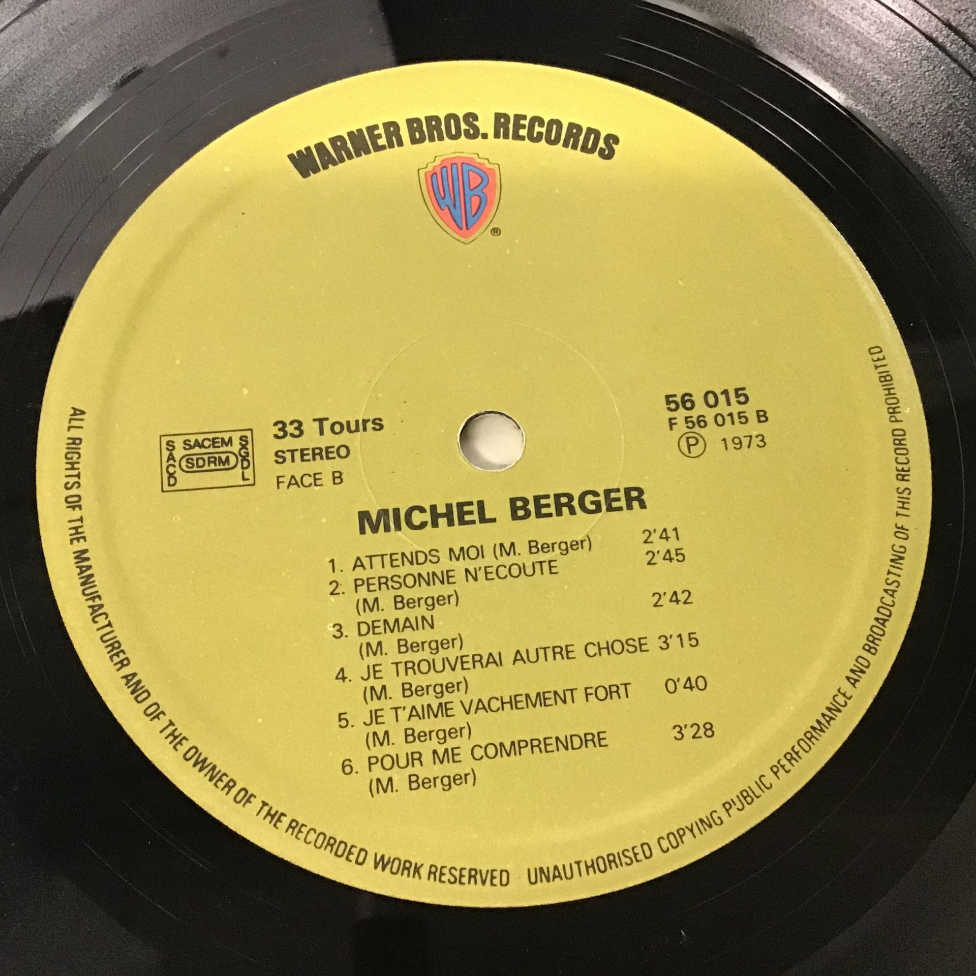 MICHEL BERGER SELF TITLED LP RECORD. Pressed in France on Warner Brothers WB 56015. Complete with - Image 4 of 4