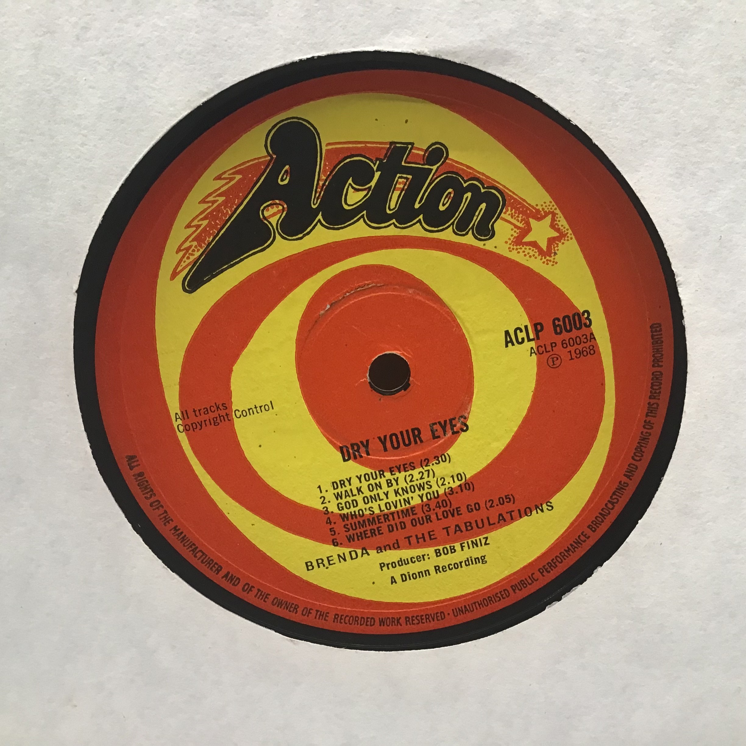 BRENDA AND THE TABULATIONS 'DRY YOUR EYES' VINYL LP. Found here on the Action Label ACLP 6003 from - Image 3 of 4