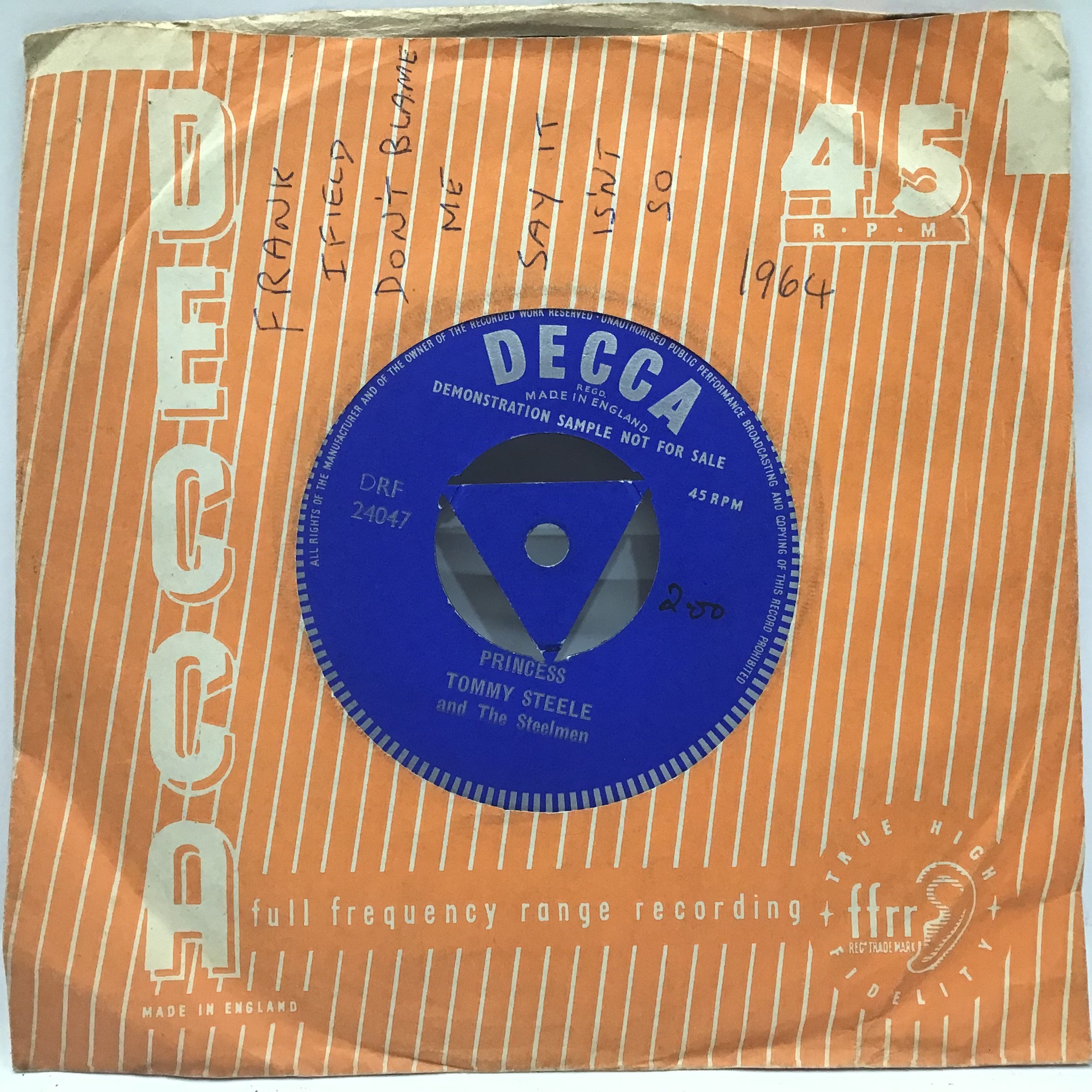 TOMMY STEELE 7” DEMO ‘ PRINCESS’. This is a one sided record found in Ex condition and was the b.