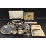 Large collection of boxed silver plated flatware and other items.