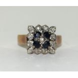 9ct gold ladies Antique set Sapphire and Diamond square face ring size R